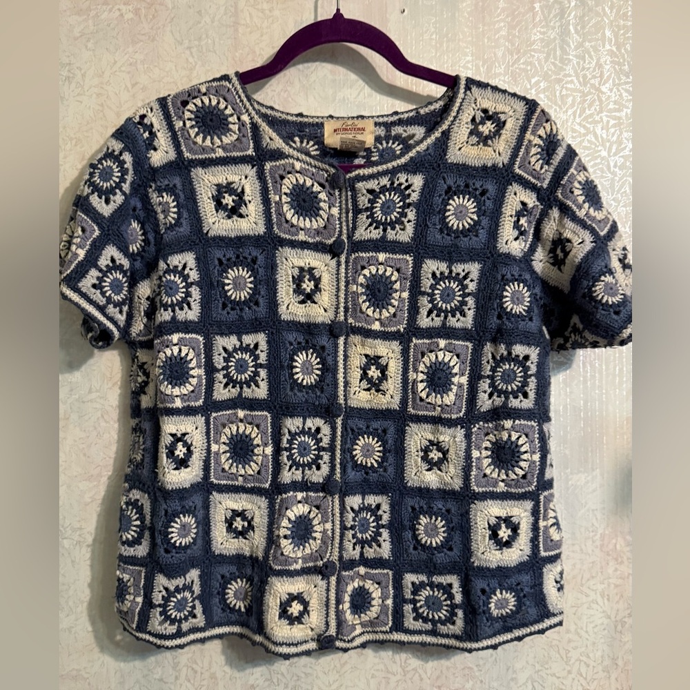 Fiorlini International Crochet Square Short-Sleeve Cardigan, Boho, Cottagecore L